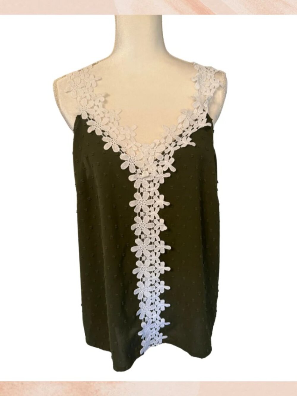 Shein Curve Dark Olive Green Lace Embroidered V-Neck Tank Top